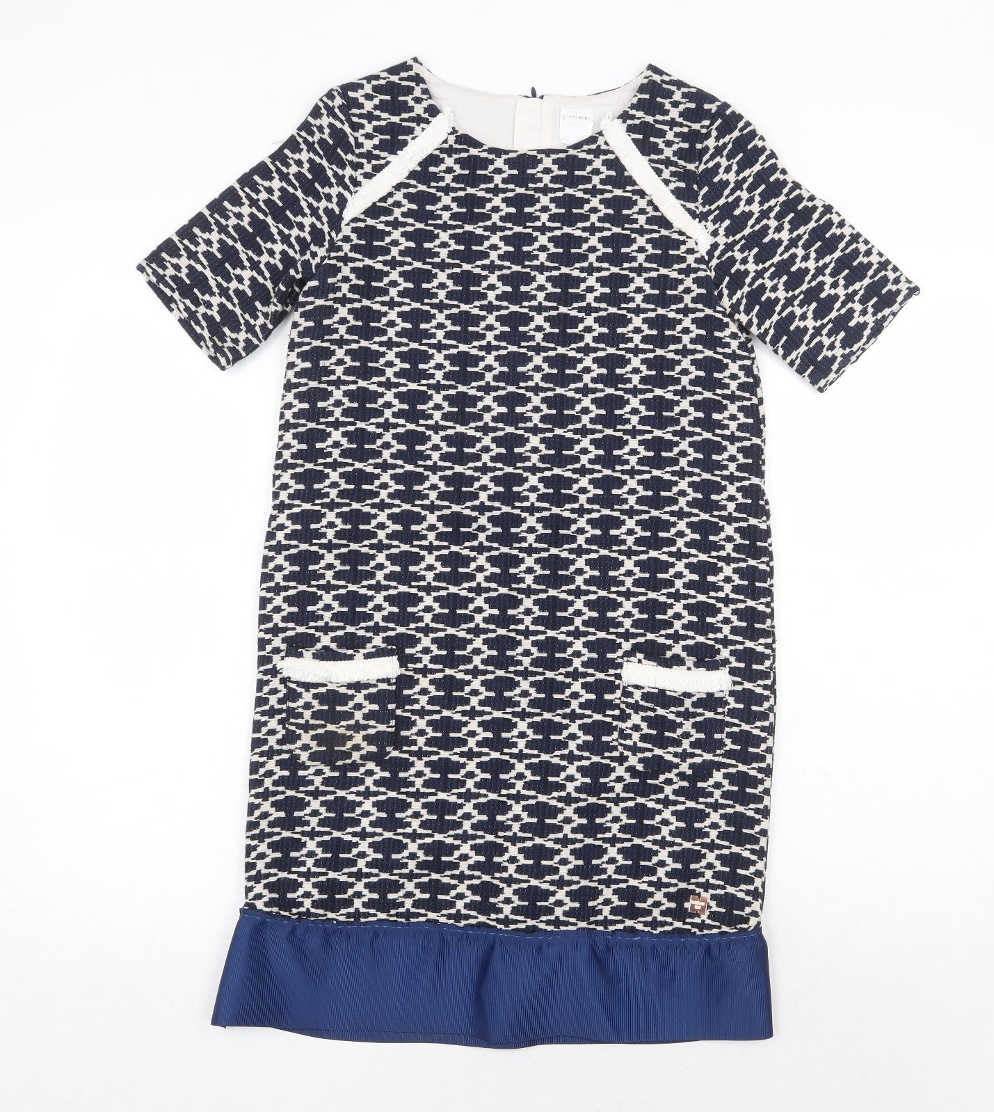 Carement Beau Womens Blue Geometric Cotton A-Line Size 12 Round Neck Zip