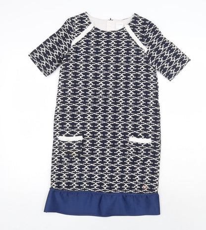 Carement Beau Womens Blue Geometric Cotton A-Line Size 12 Round Neck Zip