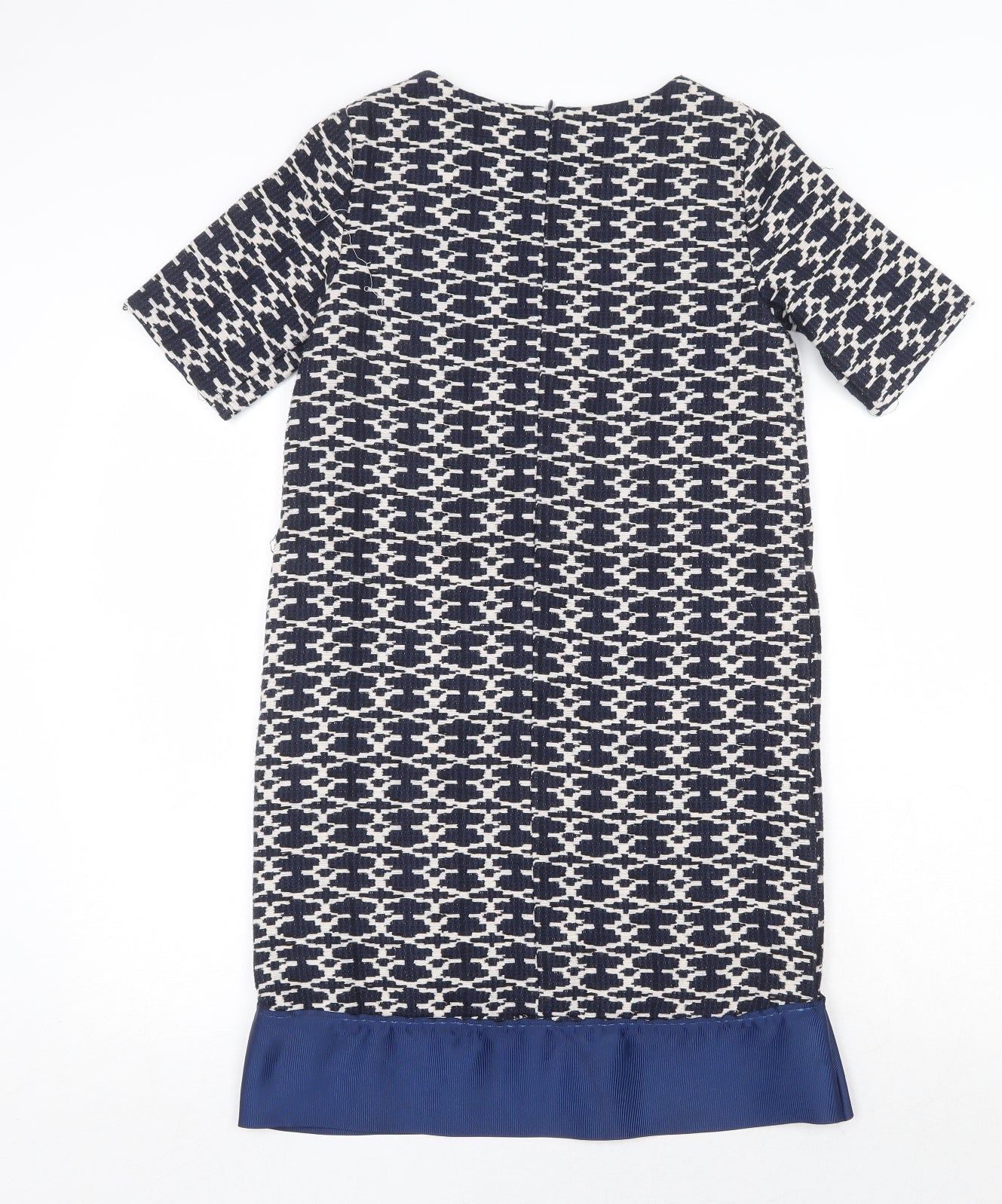 Carement Beau Womens Blue Geometric Cotton A-Line Size 12 Round Neck Zip