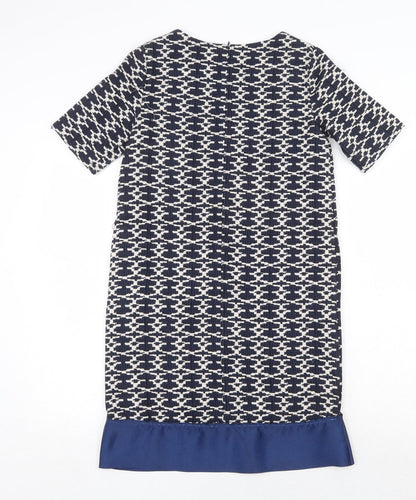 Carement Beau Womens Blue Geometric Cotton A-Line Size 12 Round Neck Zip