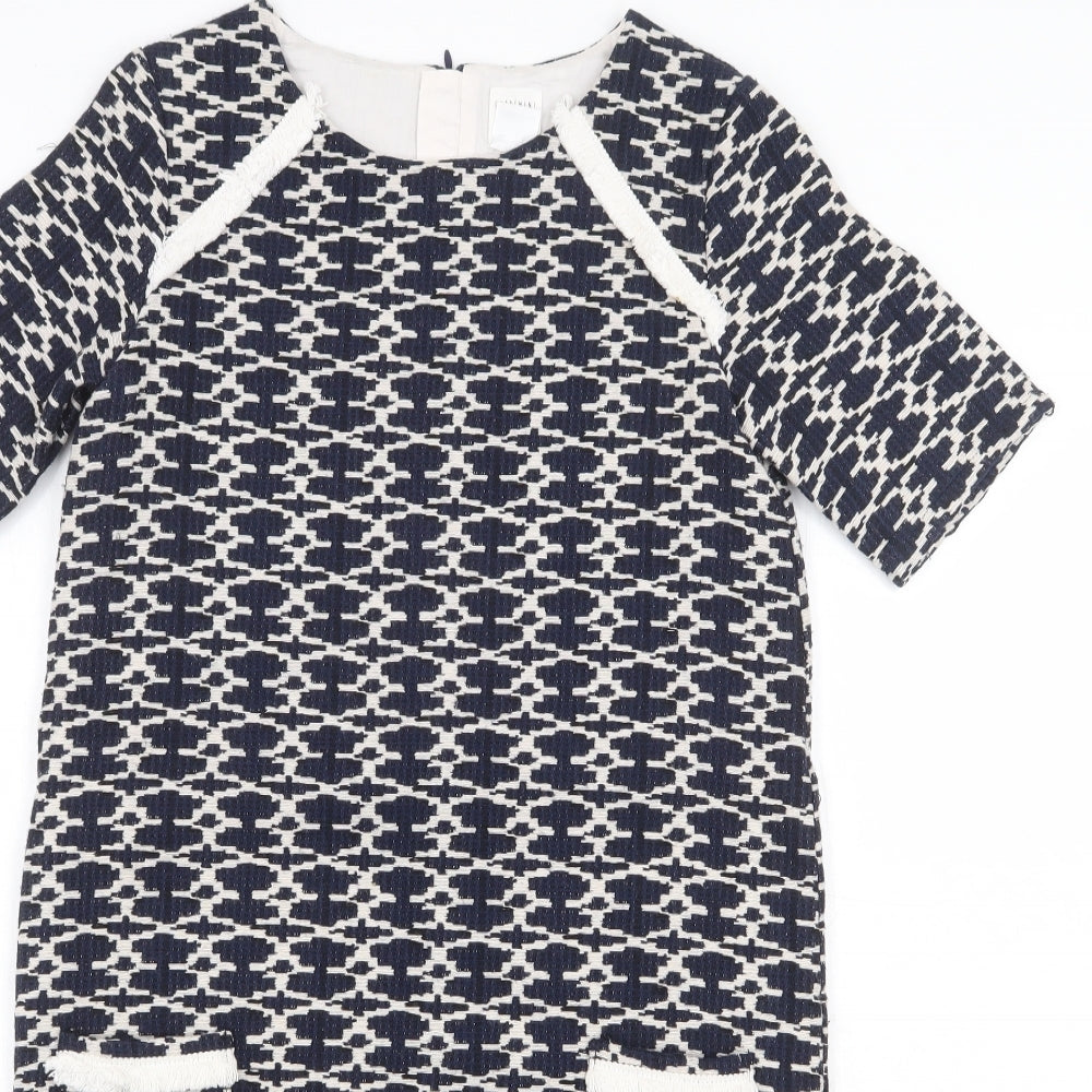 Carement Beau Womens Blue Geometric Cotton A-Line Size 12 Round Neck Zip