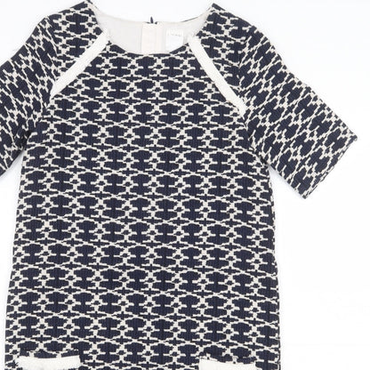 Carement Beau Womens Blue Geometric Cotton A-Line Size 12 Round Neck Zip