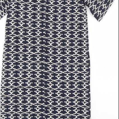 Carement Beau Womens Blue Geometric Cotton A-Line Size 12 Round Neck Zip