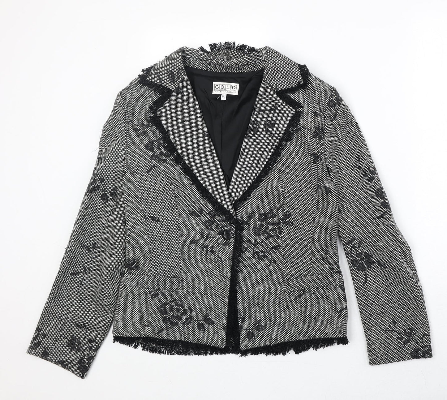 Gold Womens Black Floral Wool Jacket Blazer Size 12