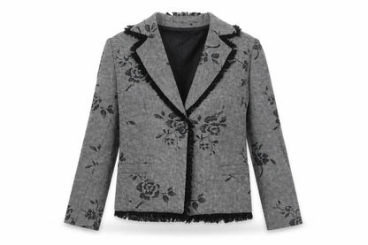 Gold Womens Black Floral Wool Jacket Blazer Size 12