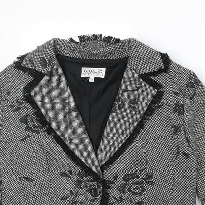 Gold Womens Black Floral Wool Jacket Blazer Size 12