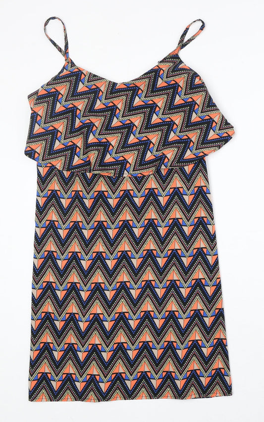 Original Womens Multicoloured Geometric Polyester Tank Dress Size 10 V-Neck Pullover