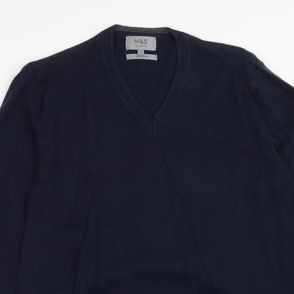Marks and Spencer Mens Blue V-Neck Cotton Pullover Jumper Size S Long Sleeve