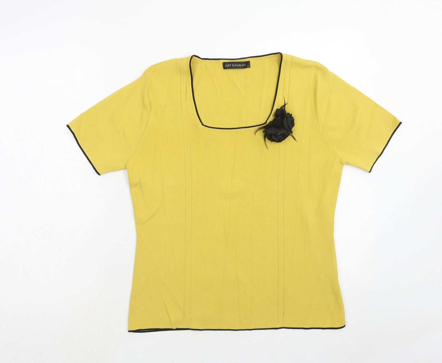 Just Elegance Womens Yellow Square Neck Viscose Pullover Jumper Size L - Flower Detail