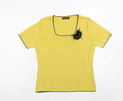 Just Elegance Womens Yellow Square Neck Viscose Pullover Jumper Size L - Flower Detail