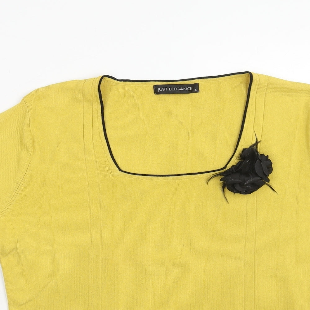 Just Elegance Womens Yellow Square Neck Viscose Pullover Jumper Size L - Flower Detail