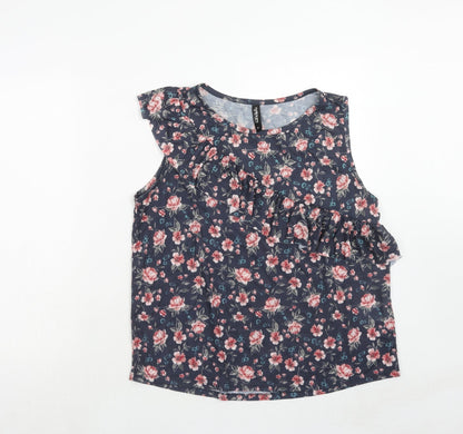 Colours of The World Womens Blue Floral Polyester Basic Blouse Size M Round Neck