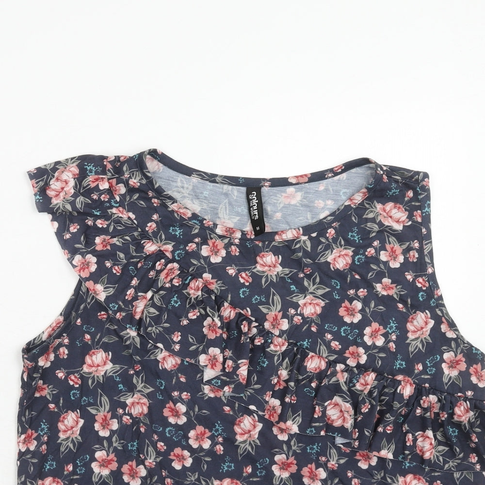 Colours of The World Womens Blue Floral Polyester Basic Blouse Size M Round Neck