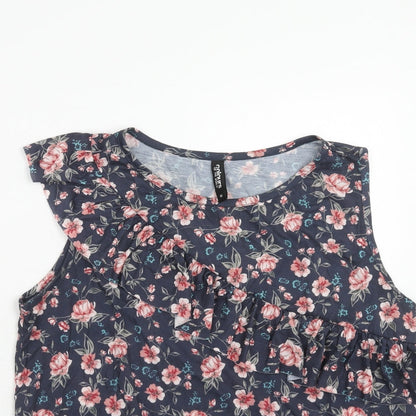 Colours of The World Womens Blue Floral Polyester Basic Blouse Size M Round Neck