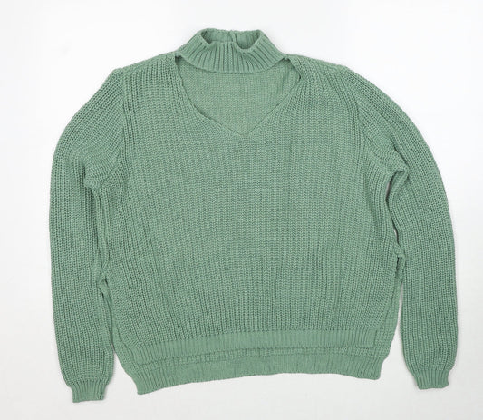 Boohoo Womens Green V-Neck Acrylic Pullover Jumper Size S