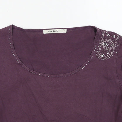 Uni Style Womens Purple Polyester Basic T-Shirt Size 10 Boat Neck - Embellished Neckline