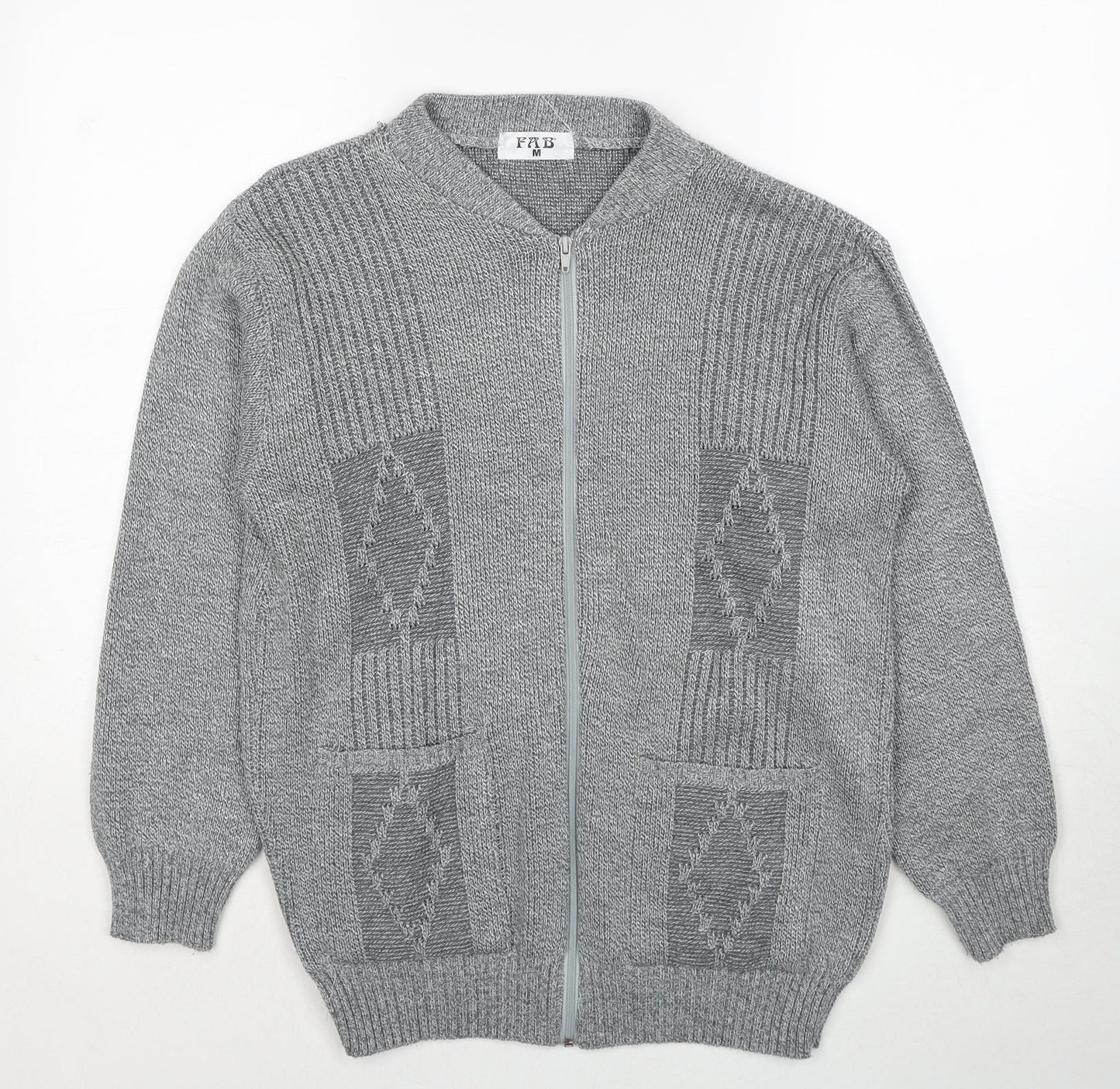 FAB Mens Grey V-Neck Geometric Acrylic Full Zip Jumper Size S Long Sleeve