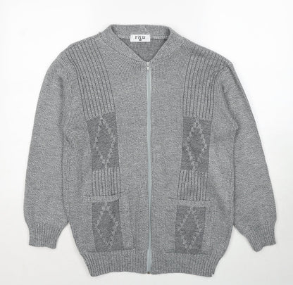 FAB Mens Grey V-Neck Geometric Acrylic Full Zip Jumper Size S Long Sleeve