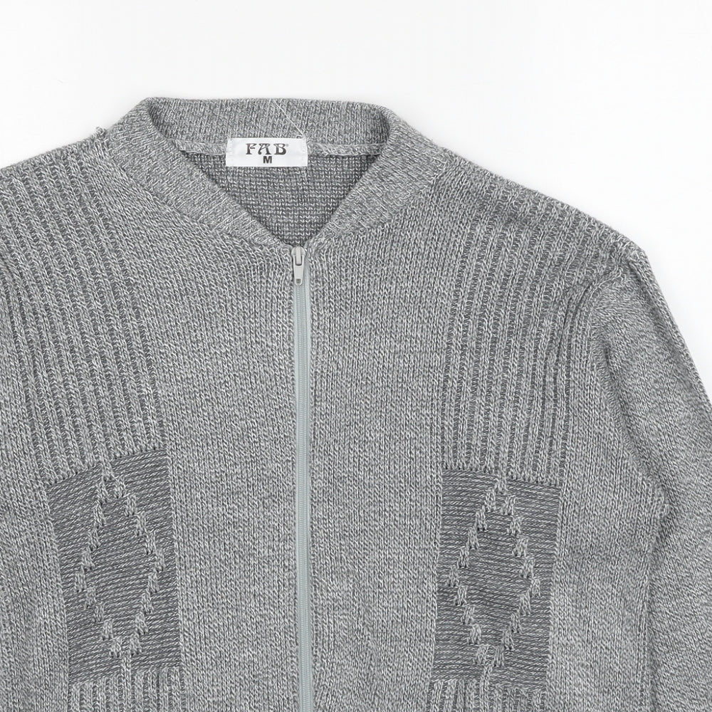 FAB Mens Grey V-Neck Geometric Acrylic Full Zip Jumper Size S Long Sleeve