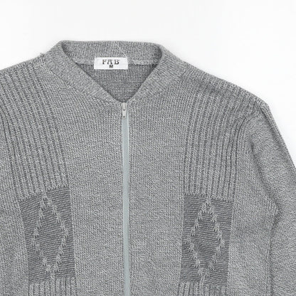 FAB Mens Grey V-Neck Geometric Acrylic Full Zip Jumper Size S Long Sleeve