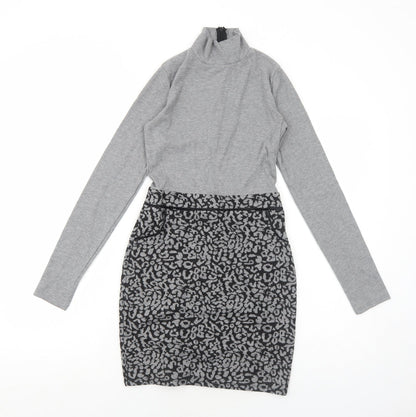 Select Womens Grey Animal Print Polyester A-Line Size 6 Mock Neck Zip - Leopard Pattern