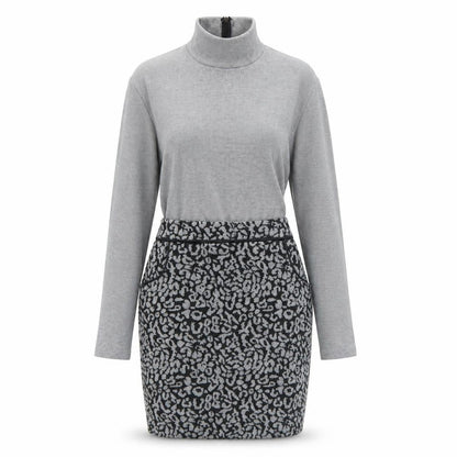 Select Womens Grey Animal Print Polyester A-Line Size 6 Mock Neck Zip - Leopard Pattern