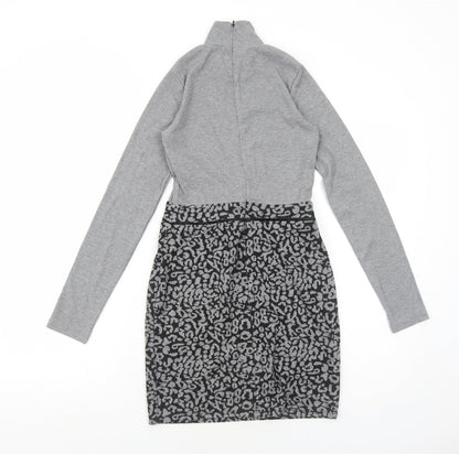 Select Womens Grey Animal Print Polyester A-Line Size 6 Mock Neck Zip - Leopard Pattern