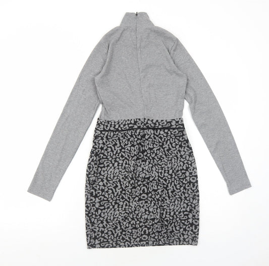 Select Womens Grey Animal Print Polyester A-Line Size 6 Mock Neck Zip - Leopard Pattern