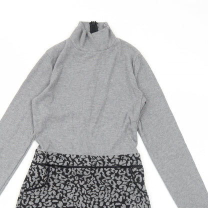 Select Womens Grey Animal Print Polyester A-Line Size 6 Mock Neck Zip - Leopard Pattern