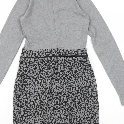 Select Womens Grey Animal Print Polyester A-Line Size 6 Mock Neck Zip - Leopard Pattern