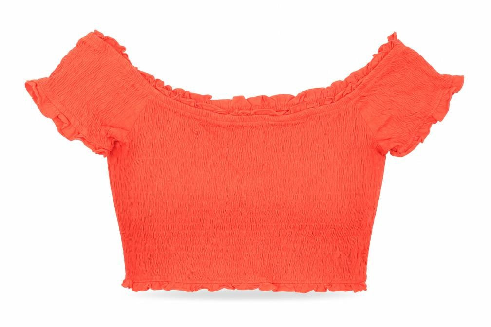 New Look Womens Orange Cotton Cropped Blouse Size 14 Off the Shoulder - Shirred