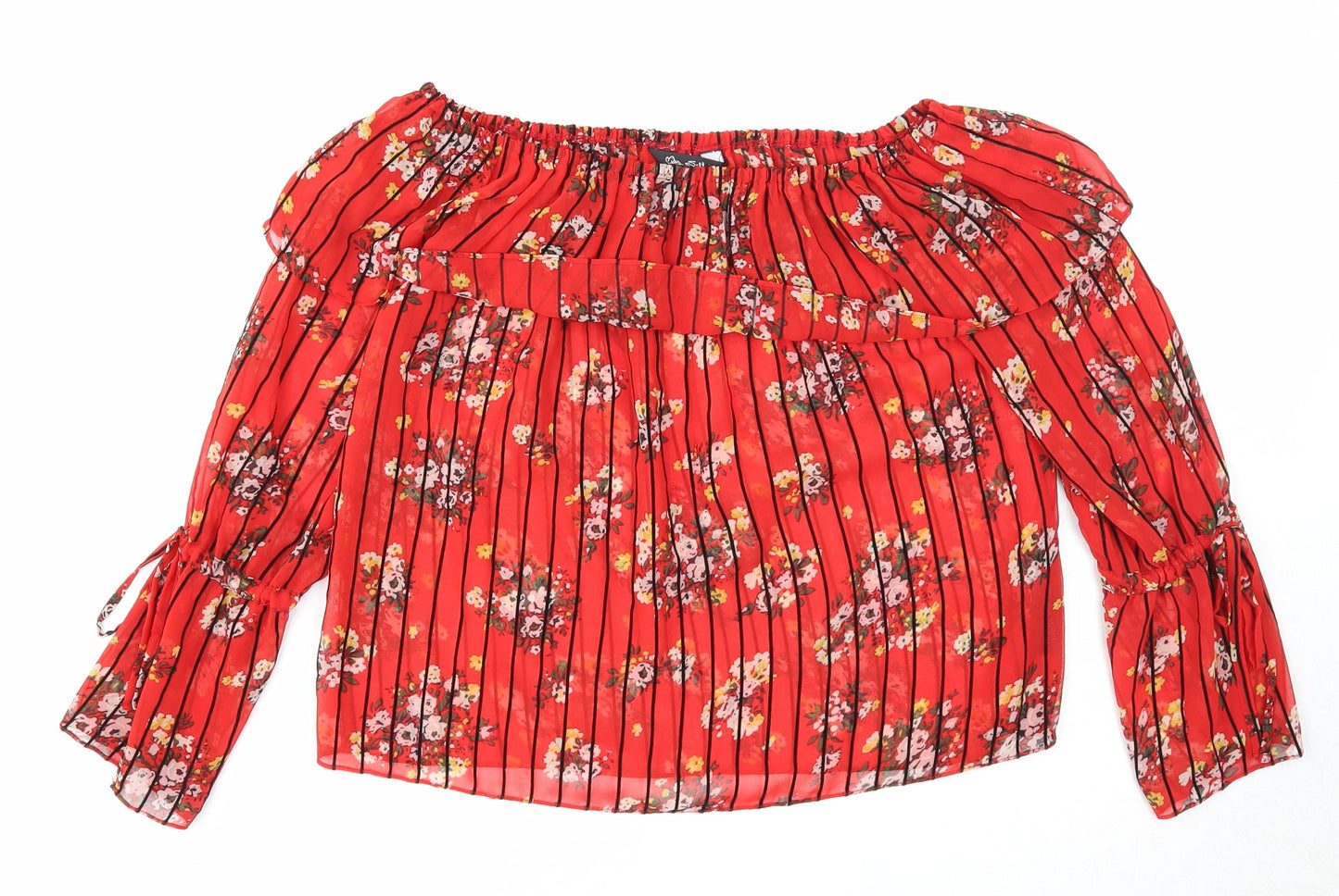 Miss Selfridge Womens Red Floral Polyester Basic Blouse Size 6 Off the Shoulder