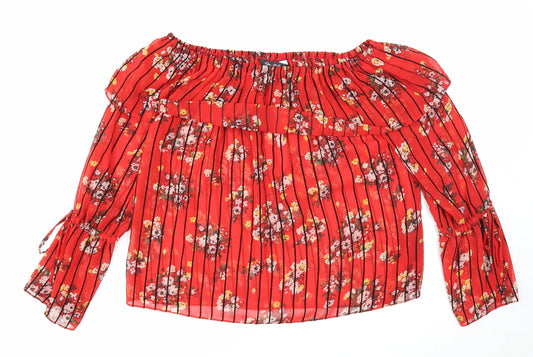 Miss Selfridge Womens Red Floral Polyester Basic Blouse Size 6 Off the Shoulder
