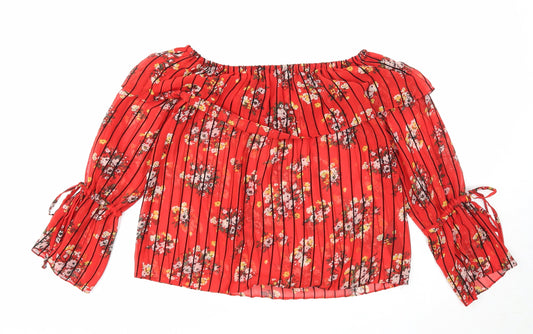 Miss Selfridge Womens Red Floral Polyester Basic Blouse Size 6 Off the Shoulder