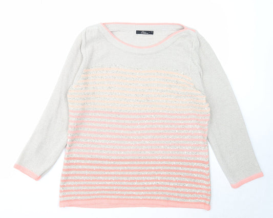 Bonmarché Womens Grey Boat Neck Striped Acrylic Pullover Jumper Size M