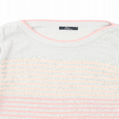 Bonmarché Womens Grey Boat Neck Striped Acrylic Pullover Jumper Size M