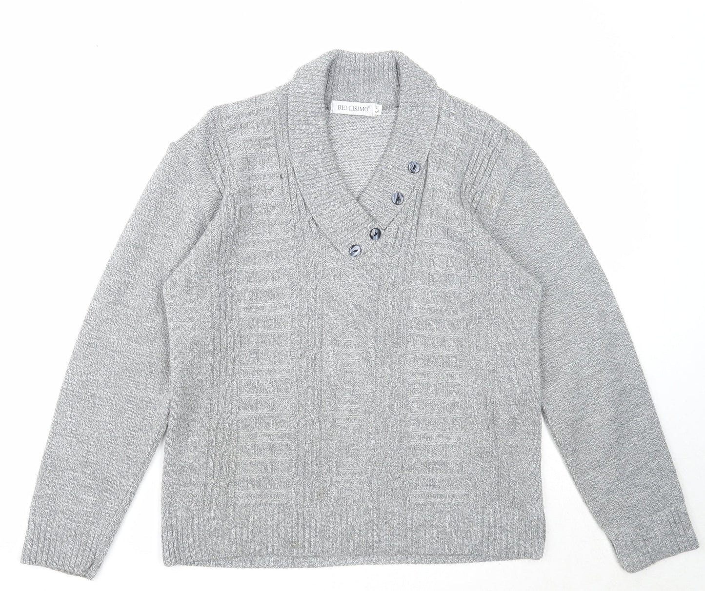 Bellisimo Mens Grey V-Neck Acrylic Pullover Jumper Size S Long Sleeve