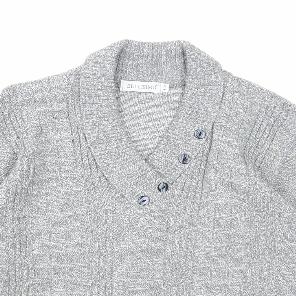 Bellisimo Mens Grey V-Neck Acrylic Pullover Jumper Size S Long Sleeve