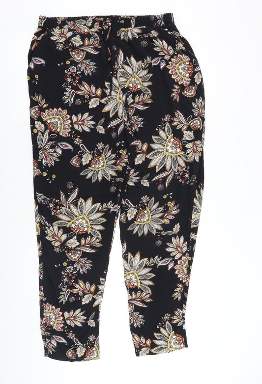 Blue Chameleon Womens Black Floral Viscose Trousers Size M Regular Drawstring