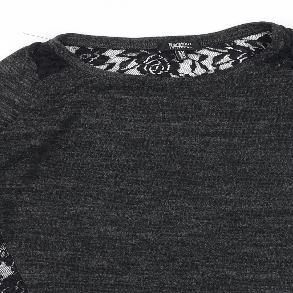 Bershka Womens Grey Floral Polyester Basic Blouse Size XS Round Neck