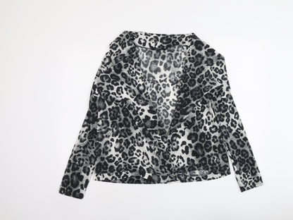 Izabel Womens Grey V-Neck Animal Print Polyester Cardigan Jumper Size S - Leopard Pattern