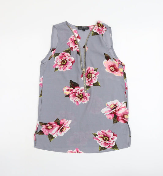 Cameo Rose Womens Grey Floral Polyester Basic Tank Size 8 V-Neck