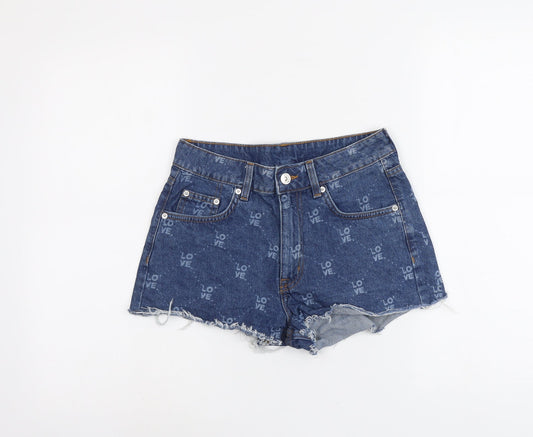 H&M Womens Blue Geometric Cotton Cut-Off Shorts Size 8 L3 in Regular Button - Love
