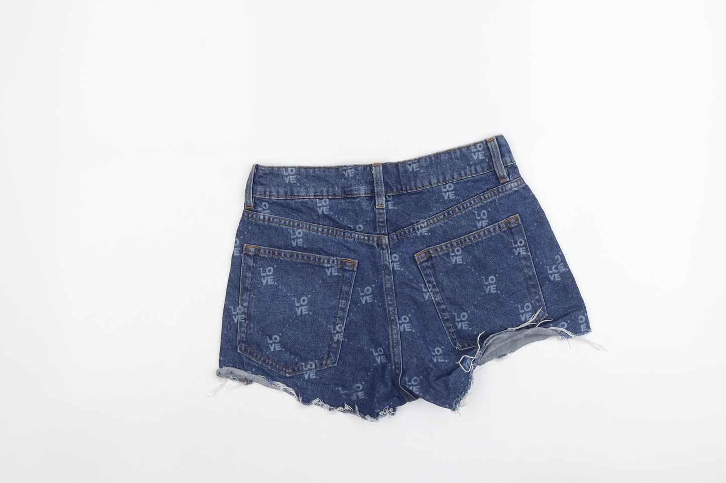 H&M Womens Blue Geometric Cotton Cut-Off Shorts Size 8 L3 in Regular Button - Love