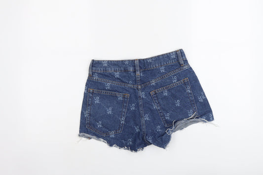 H&M Womens Blue Geometric Cotton Cut-Off Shorts Size 8 L3 in Regular Button - Love