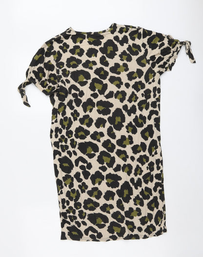 Boohoo Womens Beige Animal Print Viscose A-Line Size 8 V-Neck Pullover - Leopard Pattern