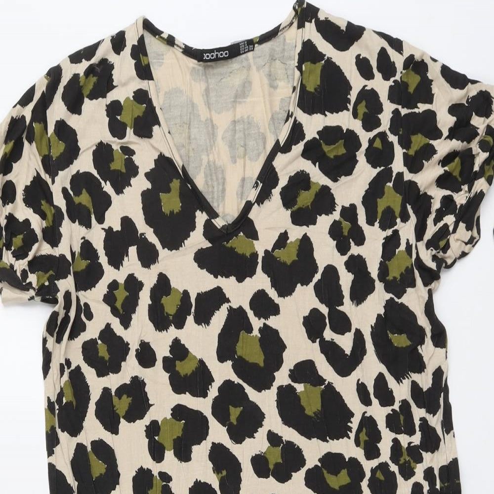 Boohoo Womens Beige Animal Print Viscose A-Line Size 8 V-Neck Pullover - Leopard Pattern