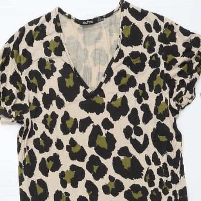 Boohoo Womens Beige Animal Print Viscose A-Line Size 8 V-Neck Pullover - Leopard Pattern