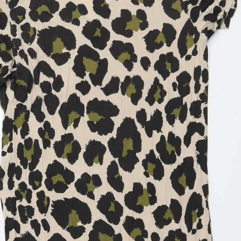 Boohoo Womens Beige Animal Print Viscose A-Line Size 8 V-Neck Pullover - Leopard Pattern