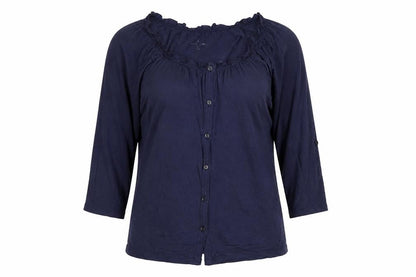 New York & Company Womens Blue Cotton Basic Button-Up Size S Round Neck